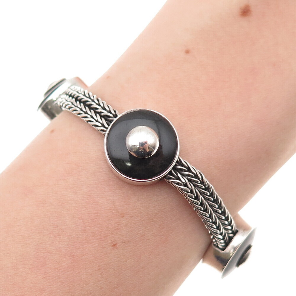 925 Sterling Silver Vintage Real Black Onyx Spiga Link Station Bracelet 6.75"